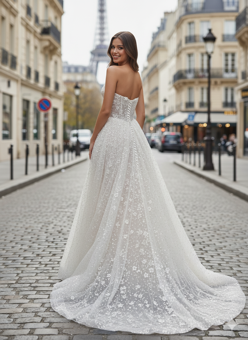 Πίσω όψη νυφικού Mareva με δαντέλα και ουρά - Fashion Brides Σέρρες.