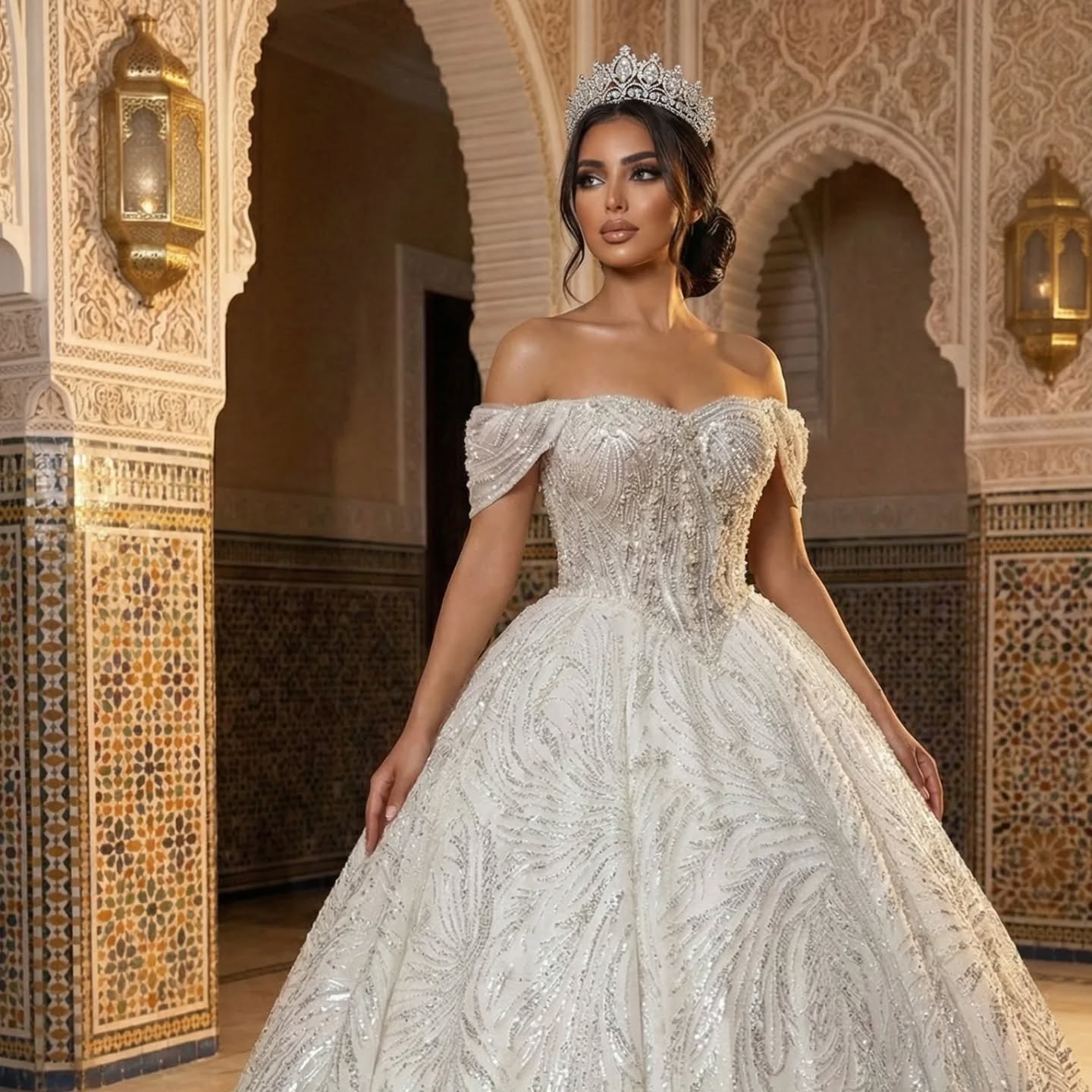 Πριγκιπικό νυφικό Michaela με κορσέ, off the shoulder λαιμόκοψη και στρας - Fashion Brides Σέρρες.
