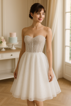 Μίνι νυφικό Andriana Bridal Party Dress με κορσέ και πέρλες - Fashion Brides Σέρρες.