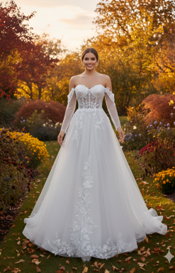 Νυφικό Mira Α γραμμής με κορσέ, δαντέλα και off-the-shoulder μανίκια - Fashion Brides Σέρρες